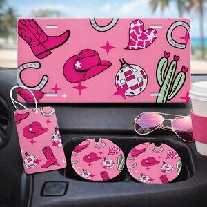 Pink Cowgirl Western Car Tag Car Freshie Car Coasters Gift Set Bundle